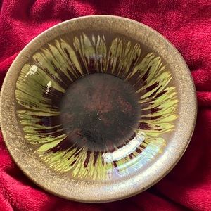 GREEN AND BURGANDY DRIP GLAZE POTTERY BOWL 10”